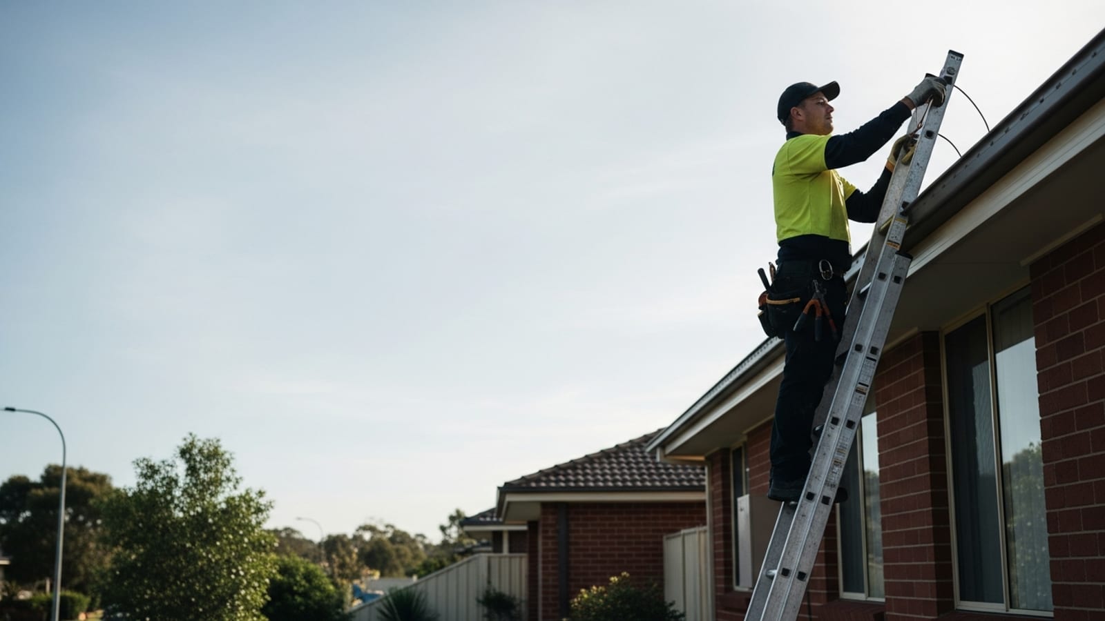 An Australian tradie up an extension ladder working on the eaves of a suburban brick house in daylight.
