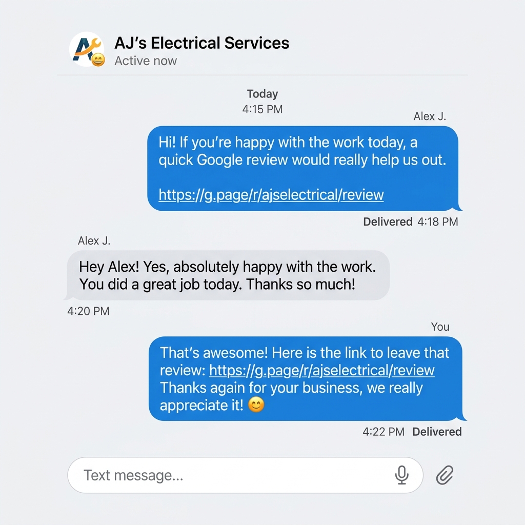 SMS review request sent to a customer after a tradie job, the fastest way to collect Google reviews.