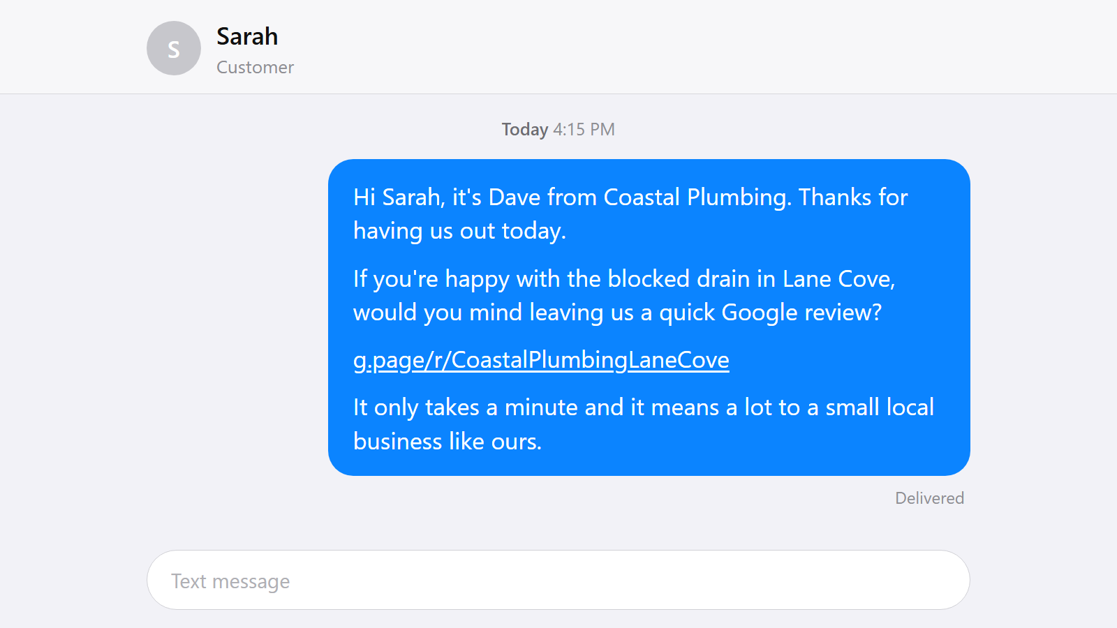 SMS review request sent to a customer after a tradie job, the fastest way to collect Google reviews.