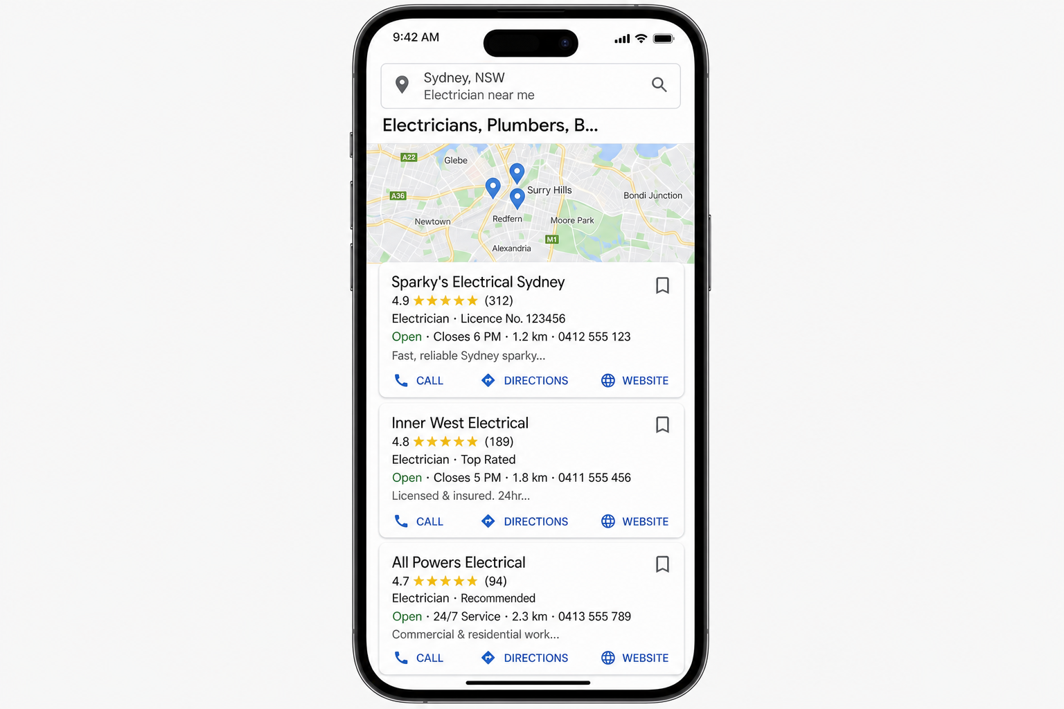 Google Maps 3-pack for "electrician near me" in Sydney, showing three tradie listings with star ratings, review counts, licence numbers and call buttons