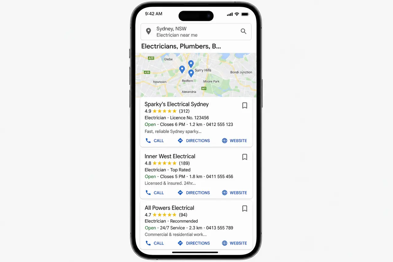 Google Maps 3-pack for "electrician near me" in Sydney, showing three tradie listings with star ratings, review counts, licence numbers and call buttons